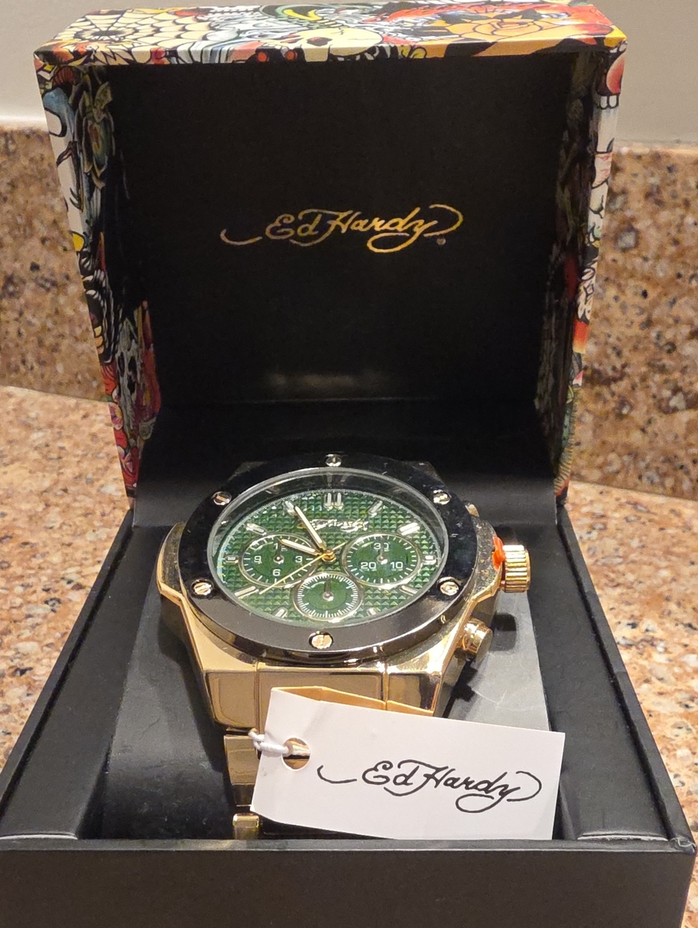 ED HARDY NWT Gold-Tone Men's Watch with Green Dial and Black Bezel